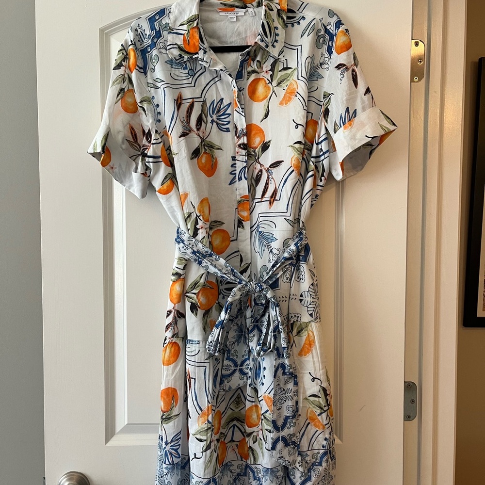 Chico's Orange Gray Midi Sundress with Notched Collar